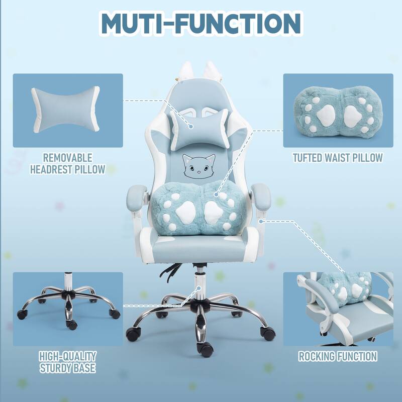 Cute Gaming Chair with Cat Paw Lumbar Cushion and Cat Ears, Ergonomic Computer Chair,Reclining PC Game Chair