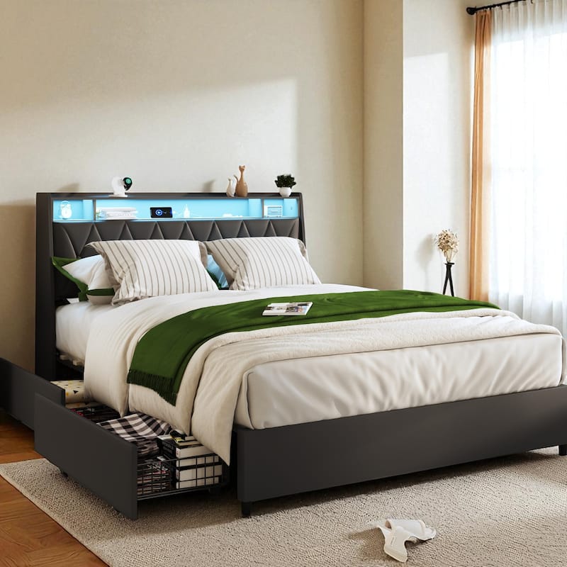 Full/Queen Size Platform Bed Frame with LED Lights, USB Ports, Outlets, Storage Shelf and Ergonomic Headboard - Black - Queen