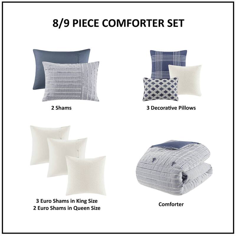 Madison Park Signature Essence Oversized Cotton Clipped Jacquard Comforter Set with Euro Shams and Throw Pillows