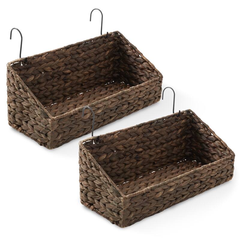 2pk Hanging Baskets w Hooks Woven Hyacinth Wall Mount Storage Bins - Espresso