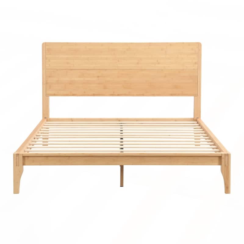 Mid-Century Modern Queen Size Bamboo Wood Platform Bed