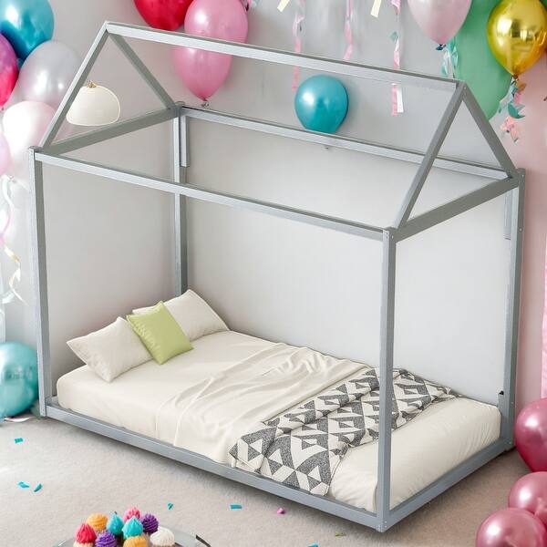 slide 2 of 8, Kids and Baby Twin Size Metal House Shape Platform Bed,Sturdy Frame For Home