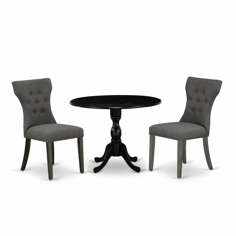 East West Furniture 3 Piece Dinette Set- a Round Dining Table with Dropleaf and 2 Linen Fabric Dining Chairs, (Finish Options)