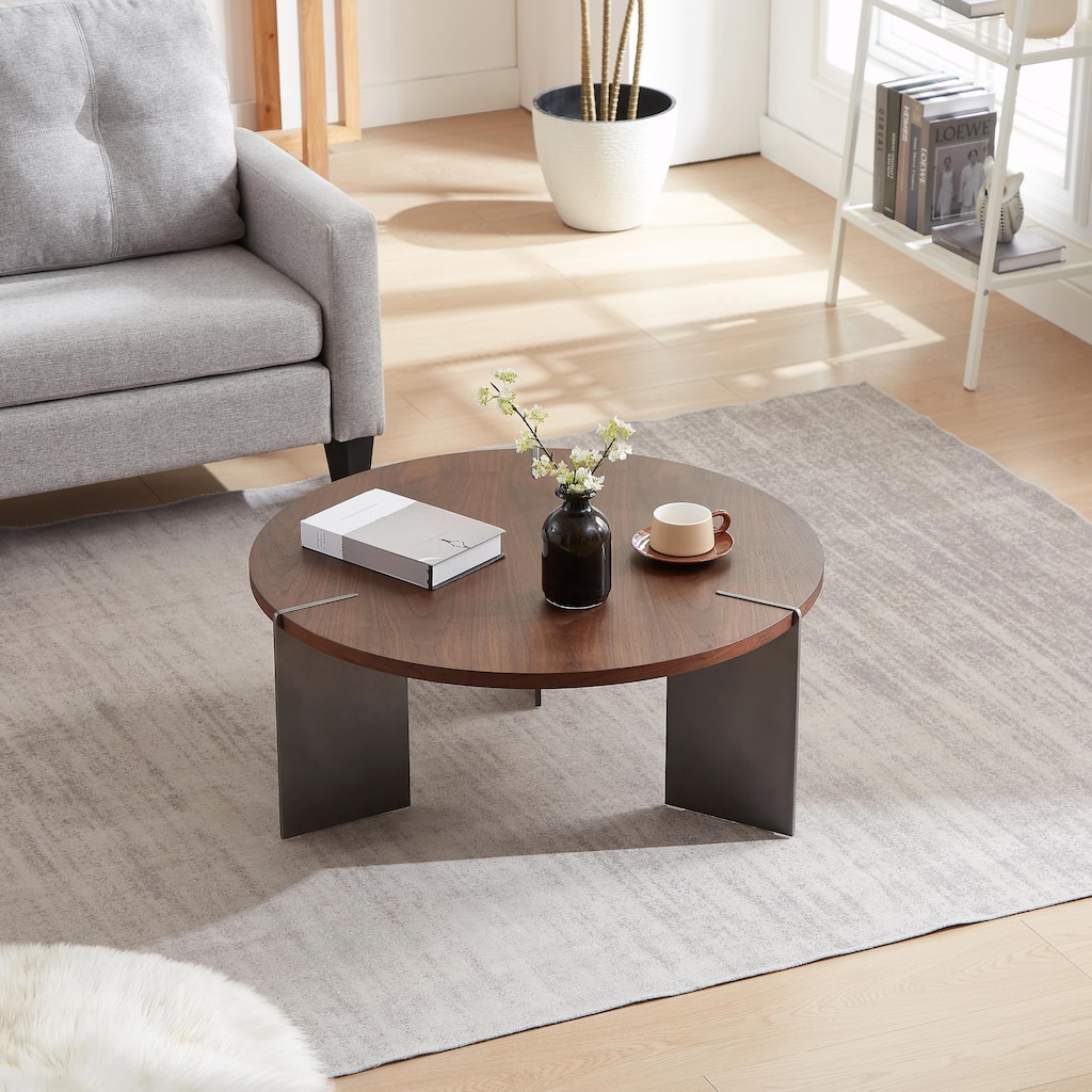 Round Coffee Table with Wood Surface and Black Metal Feet