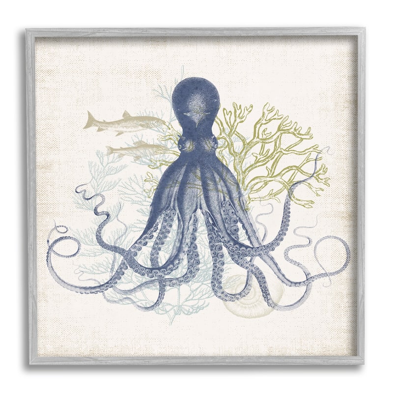 Stupell Octopus Tentacles Layered Fish & Ocean Botanicals Framed Wall Art, Design by Victoria Barnes - 17 x 17 - Grey