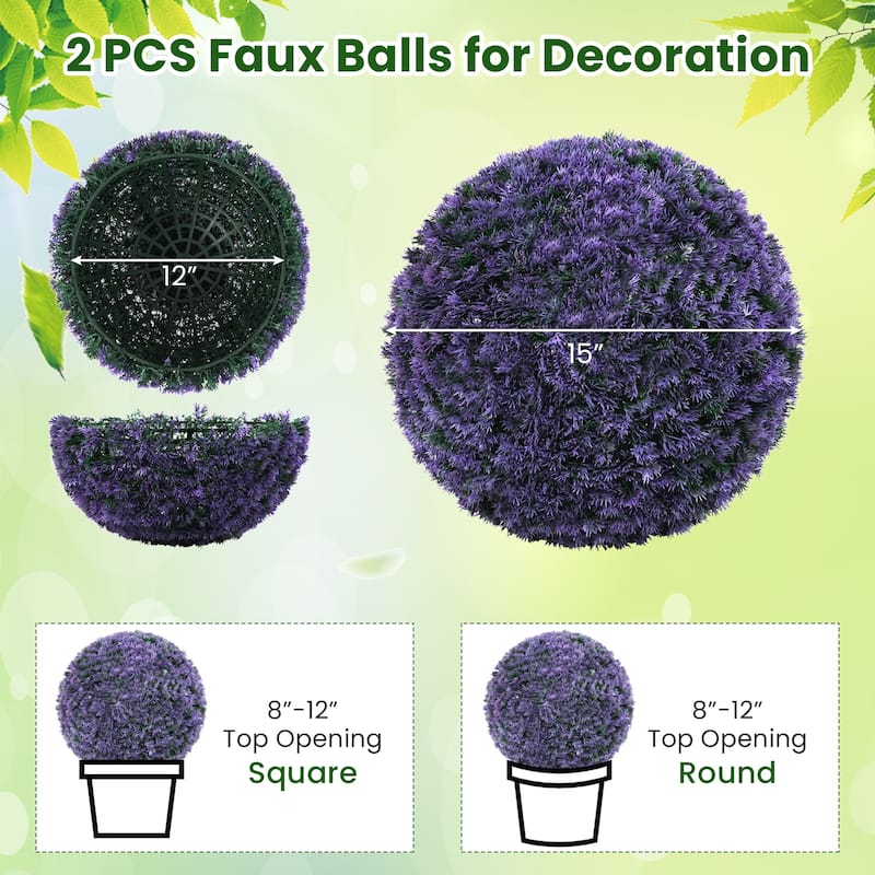 15" Diameter Artificial Lavender Topiary Balls Set of 2 Faux Boxwood Spheres for Outdoor Use - 12"Dia