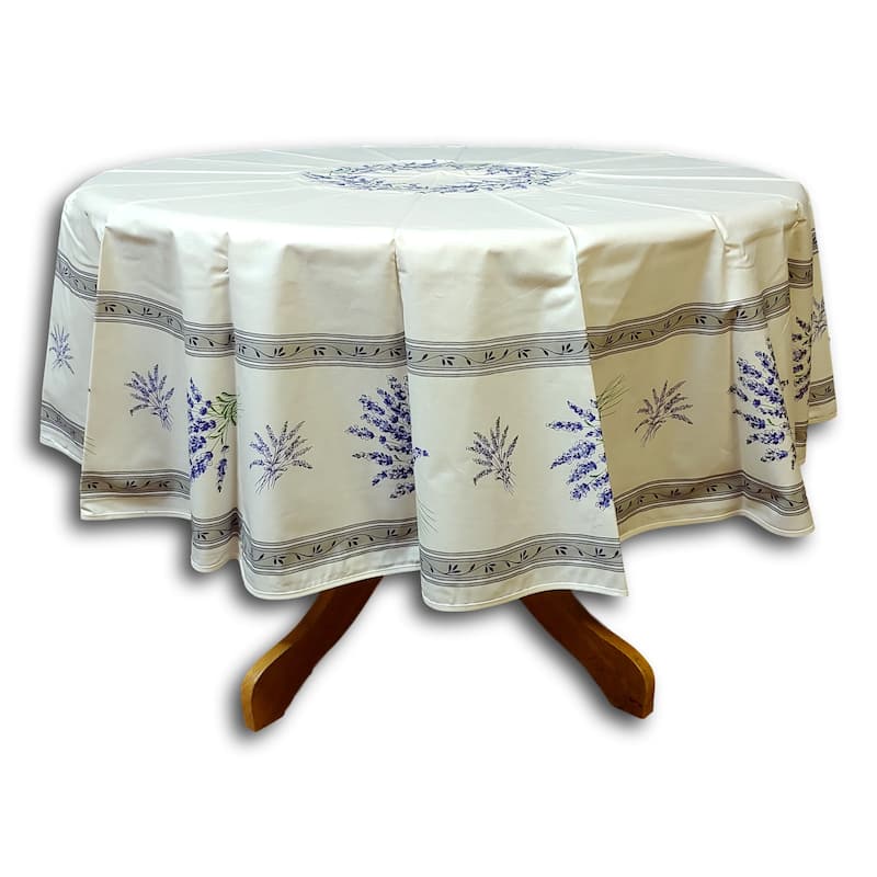 Wipeable Spill Resistant Provencal Cotton Cannes Collection Tablecloth - 71-in Round - Ecru Off-White Lavender