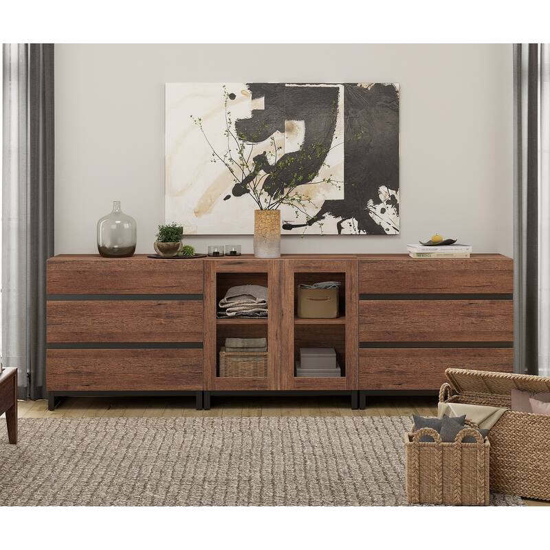 WAMPAT 3 in 1 Multifunctional Dresser with Glass Doors and 6 Drawers, Modern Chest of Drawers for Bedroom