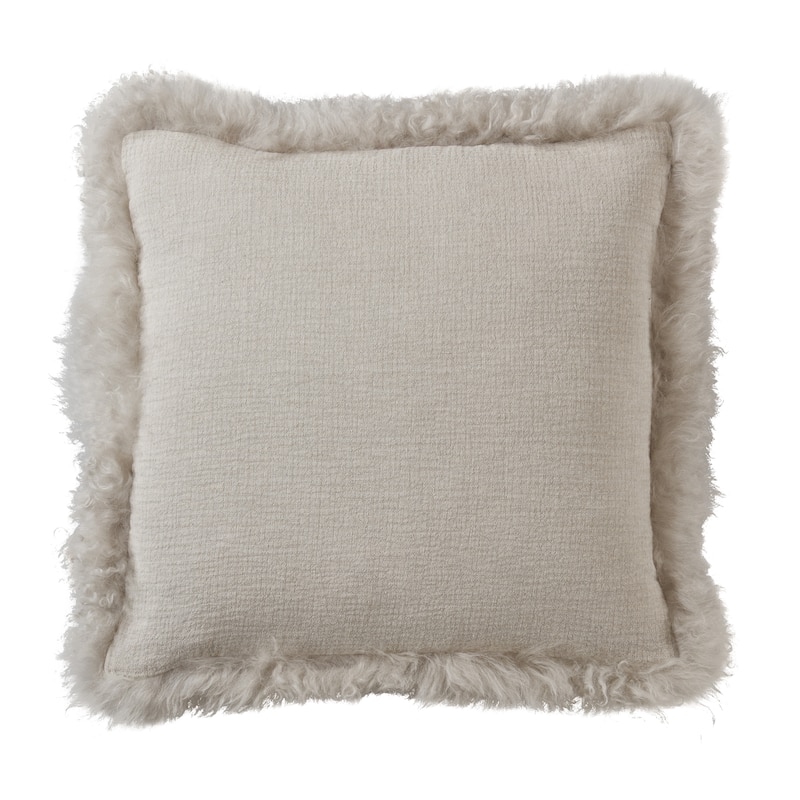 Cozy and Stylish Linen Poly Filled Throw Pillow with Plush Lamb Border - 20" x 20" - Polyester - Grey