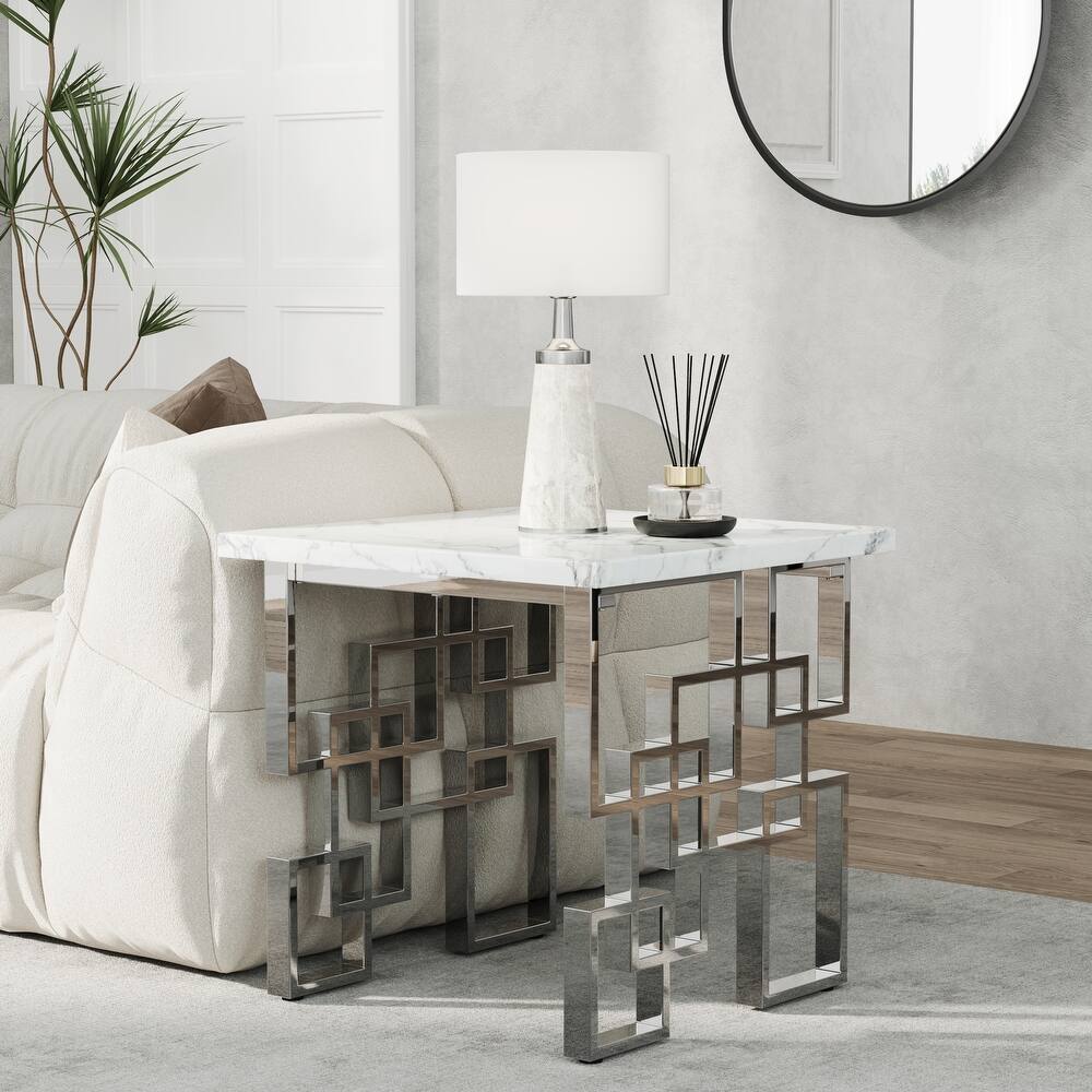 Modern End Table 23 inch Square Living Room Side Table with High Gloss Top and Mirrored Metal Geometric Base