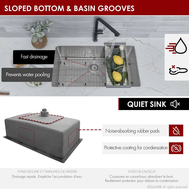 STYLISH Dual-Mount 31" Single-Bowl Stainless Steel Kitchen Sink with Grid and Strainer - 31" x 18" x 9"