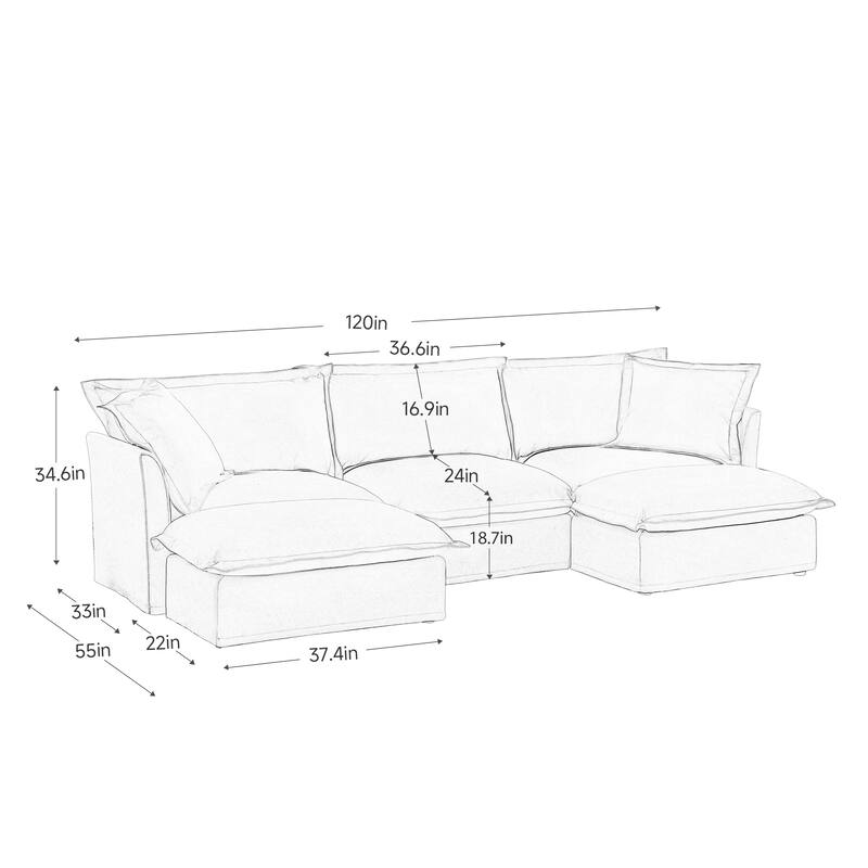 120" U-Shaped Chenille Sectional Sofa with 3-Seater and French Edge Pillows & Cloud Cushions