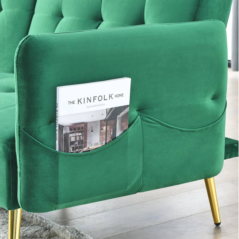 Velvet Futon Sofa Bed with Folded Armrests