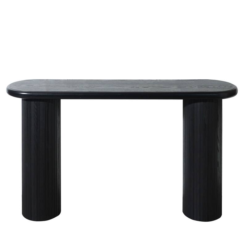Entryway Accent Table Black Wooden Console Table, Distinct Column Pedestal Base Design with Vertical Ribbed Textured
