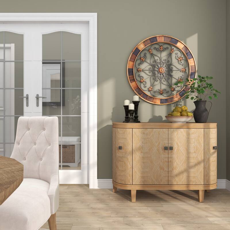 Brown Wood Medallion Scroll Home Wall Decor with Metal Fleur-De-Lis Detail