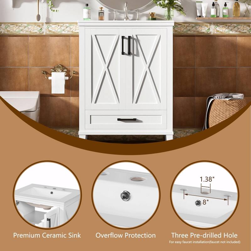 30" Bathroom Vanity - Solid Wood Frame, Single Sink, 2 Soft-Close Doors, Divided Drawer & Dual Storage Shelves
