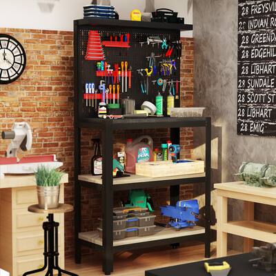 Mieres 31.5 Inch L-Shaped Steel and Wood Tool Storage Workbench with Peg Board and Shelves - N/A