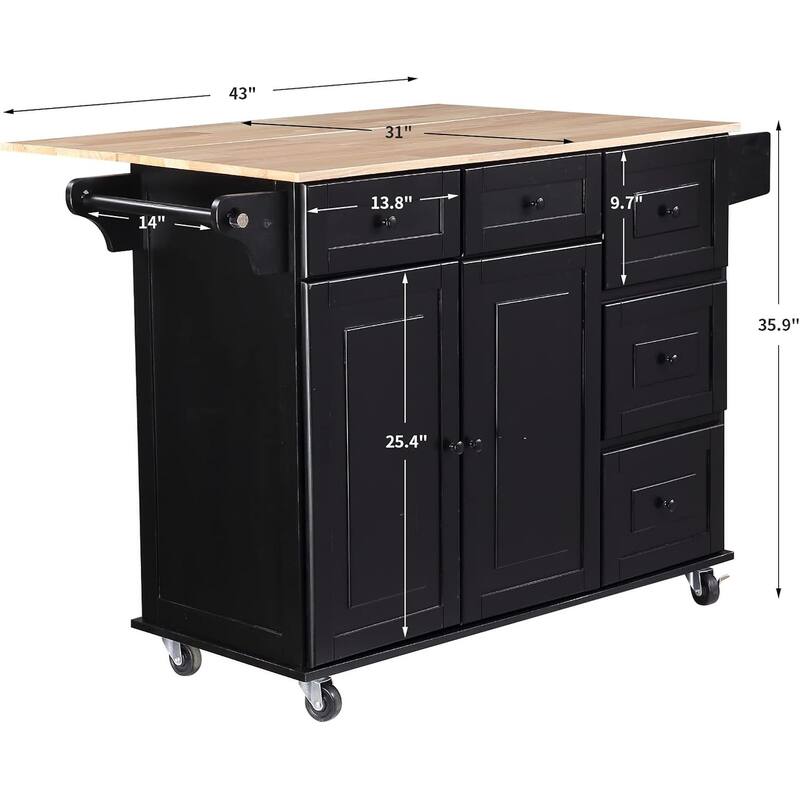 Rolling Kitchen Island with Drop Leaf - Mobile Cart with Wooden Countertop, Spice Rack, Adjustable Shelves & Drawers