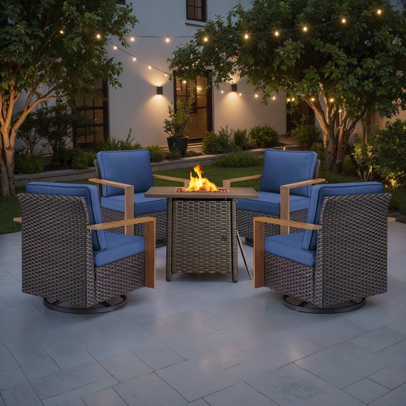 Meyreso 5-Piece Wicker Swivel Glider Fire Pit Set with Plush 4.5" Olefin Cushions - Brown Wicker - Navy Blue Cushions