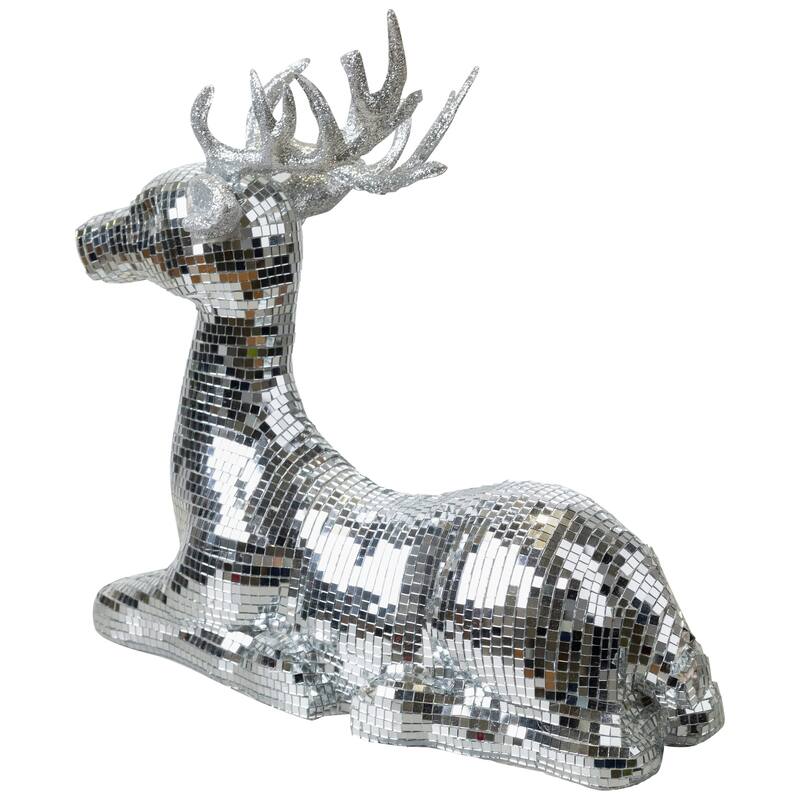 Mirrored and Glittered Sitting Deer Christmas Figure - 14.25" - Silver