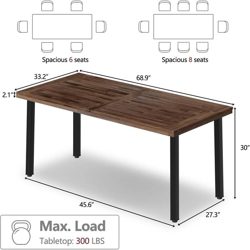 BOSSIN 68.9" Rectangular Wood Dining Table with Sturdy Metal Frame - Seats 4-6, Durable Design for Kitchen, Living & Dining Room