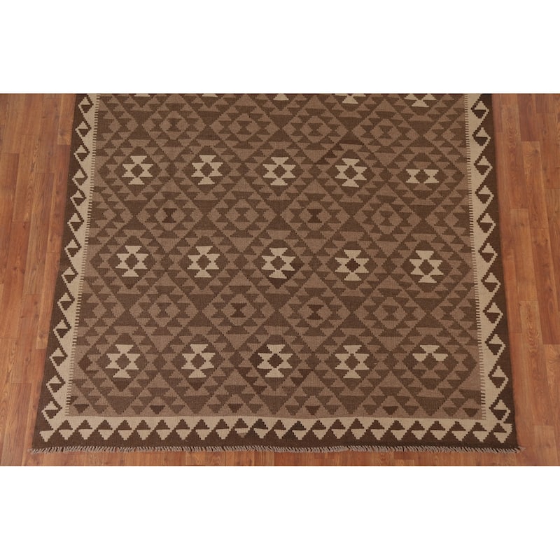 Hand Woven Oriental 100% Wool Carpet Southwestern Geometric Brown Kilim Area Rug - 9' 8'' X 6' 7''