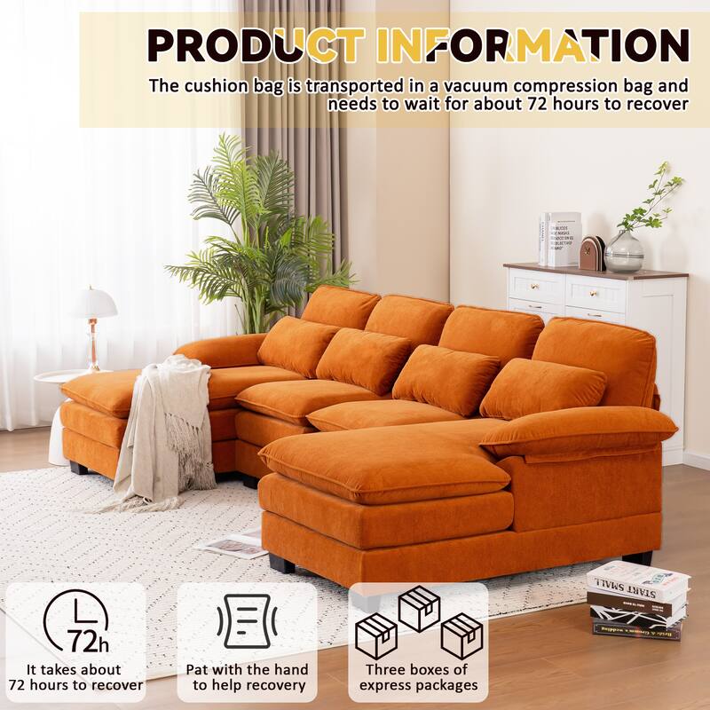 U Shape 111.8"Modern Comfort Combination Sectional Sofa,4-seat Velvet Fabric Upholstered Sofas with Chaise Lounge & Pillows