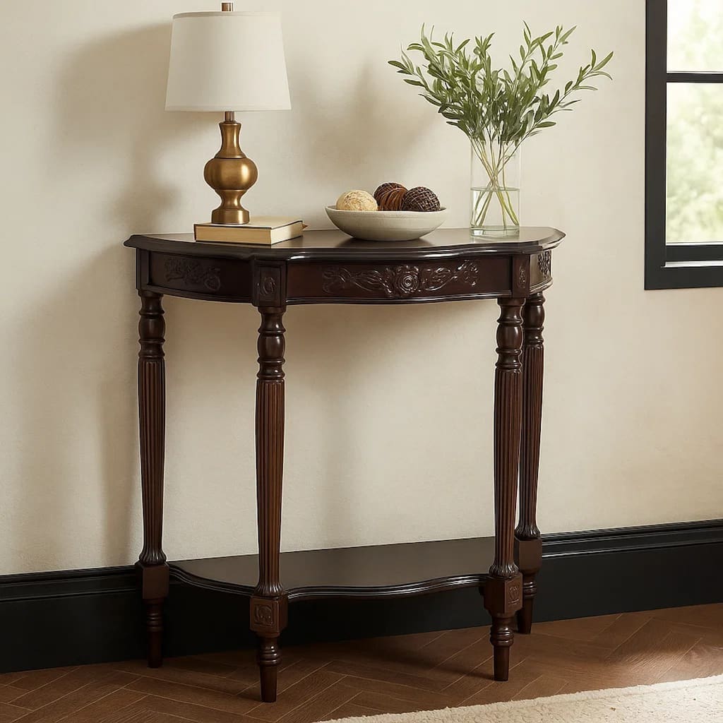 Half Crescent Moon Shape Engraved Wooden Console Table with 1 Drawer,Brown