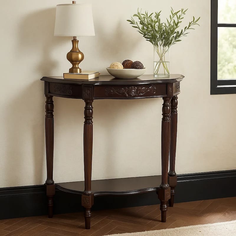Half Crescent Moon Shape Engraved Wooden Console Table with 1 Drawer,Brown