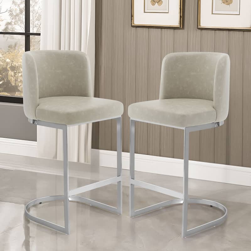 26" Upholstered Bar Stools, Counter Height Stools - 18.11"W x 19.69"D x 37.4"H - Set of 2 - Leather Griege