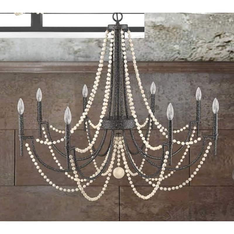 8-Light Chandelier in Matte Black With White Wooden Beads