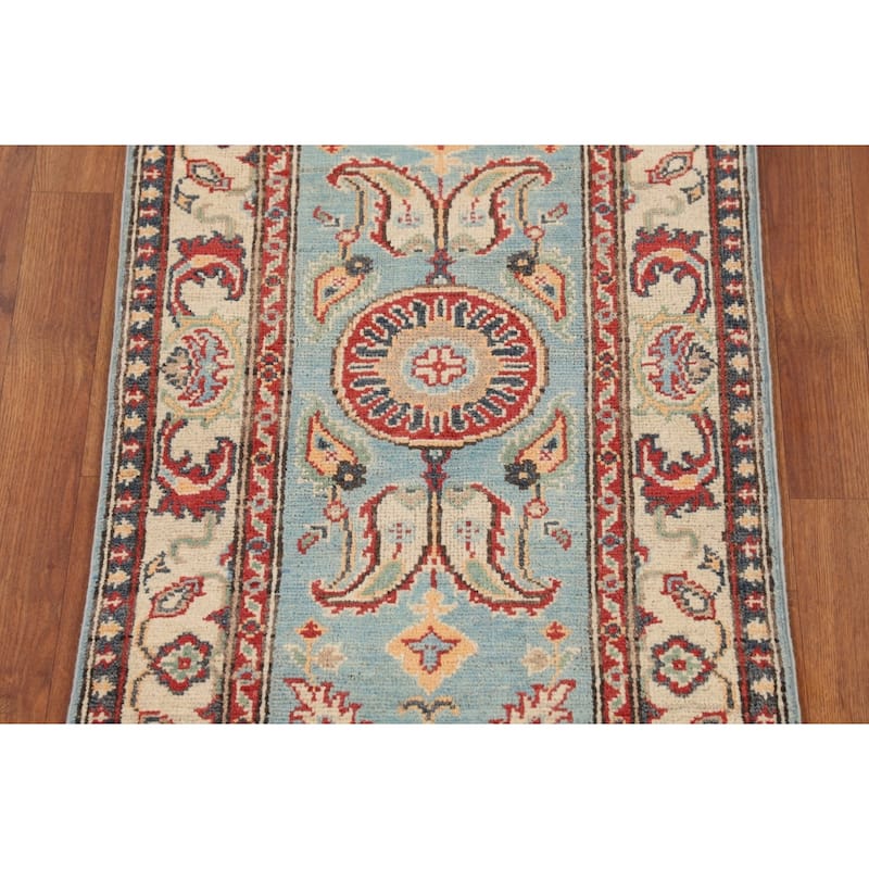 Light Blue Kazak Oriental Runner Rug Hand-Knotted Wool Carpet - 2'1" x 5'11"