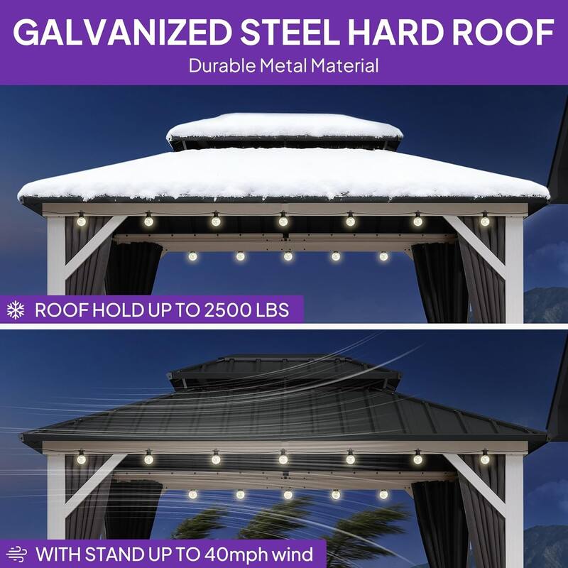 PURPLE LEAF Patio Hardtop Gazebo for Outdoor Grey Galvanized Steel Double Roof White Aluminum Poles