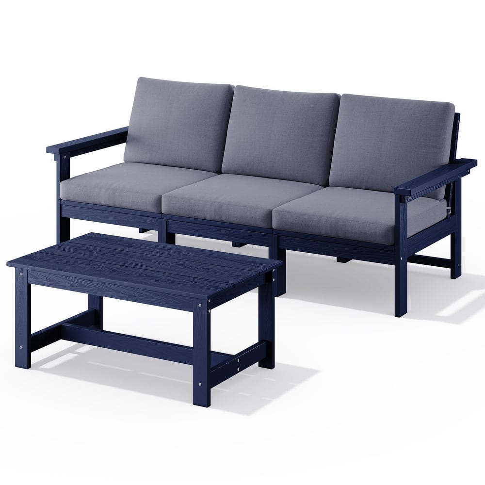 Outdoor Patio HDPE 3-Seat Sofa and Coffee Table Set, Removable Cushions Included