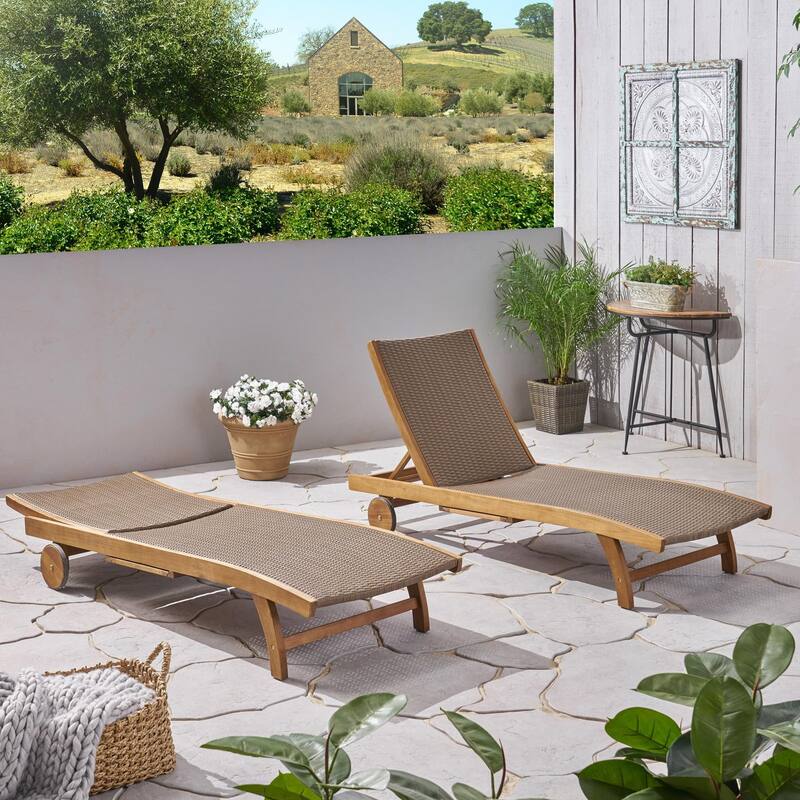 Set of 2 outdoor solid wood deck chairs with pull-out tray and rollers