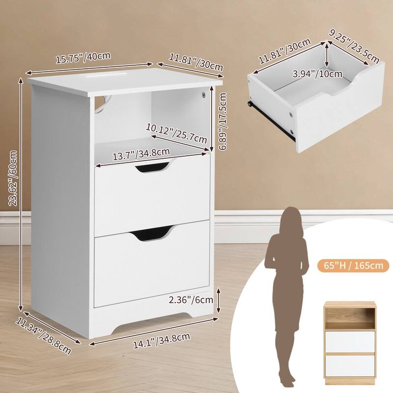 15.7"W Nightstand, P2 Particleboard, Matte Melamine, Handleless, 2 Drawers, US Outlet