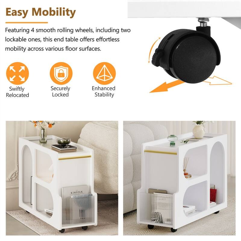 Mobile End Table with Thick Fluted Tempered Glass, Narrow Side Table with Lockable Wheels and Open Storage Compartments
