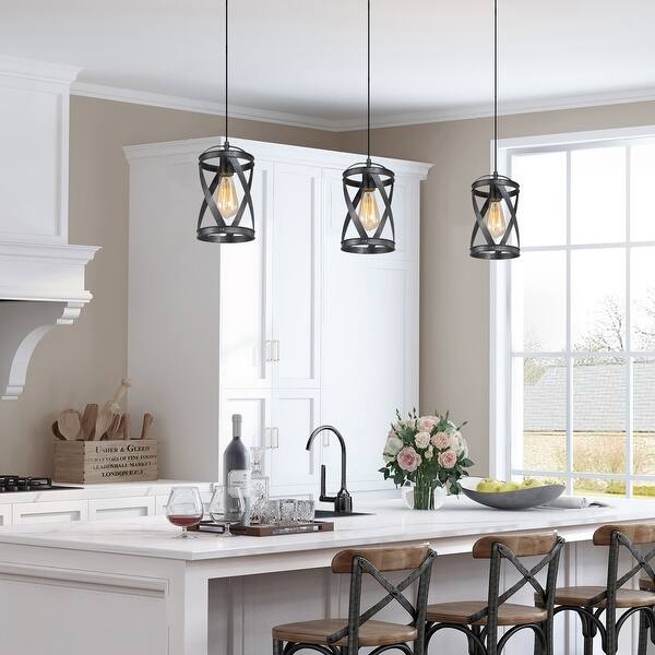 slide 2 of 12, Modern Farmhouse 1-Light Cylinder Cage Kitchen Island Pendant Light - D6" x H 14" - 72"