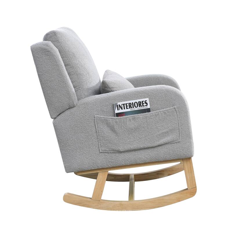 High Back Rocker Accent Chair with Wood Base, One Lumbar Pillow and Two Side Pockets
