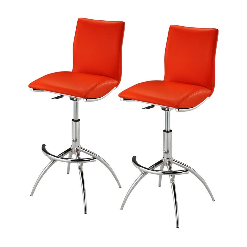 Set of 2 Contemporary Bar Stools with Faux Leather Saddle Seats and Adjustable Metal Base - 39”H x 17”W x 15”D