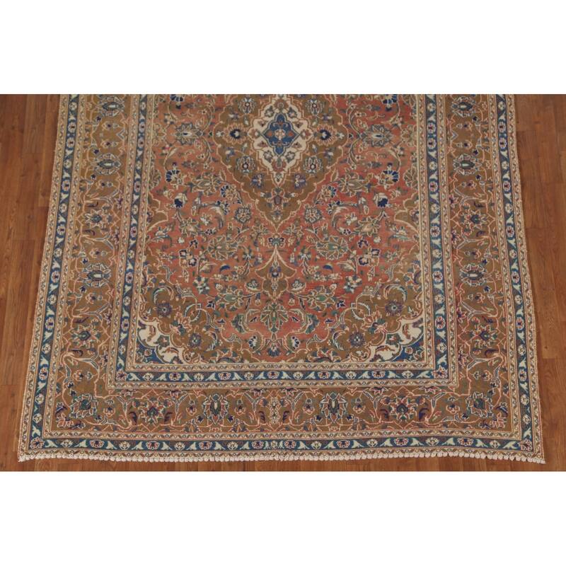 Orange Traditional Mashad Persian Vintage Rug Handmade Wool Carpet - 6'3"x 9'0"