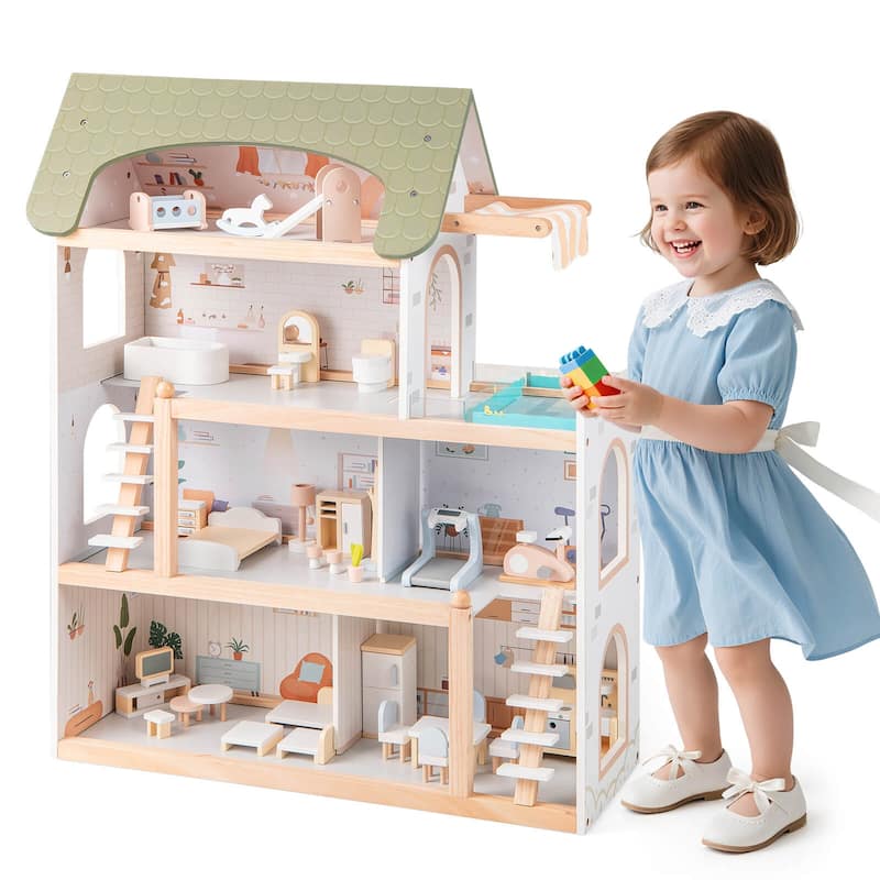 Costway Kids Wooden Dollhouse 4-Story Modern Doll House with 33Pcs - as pic shows - See Details