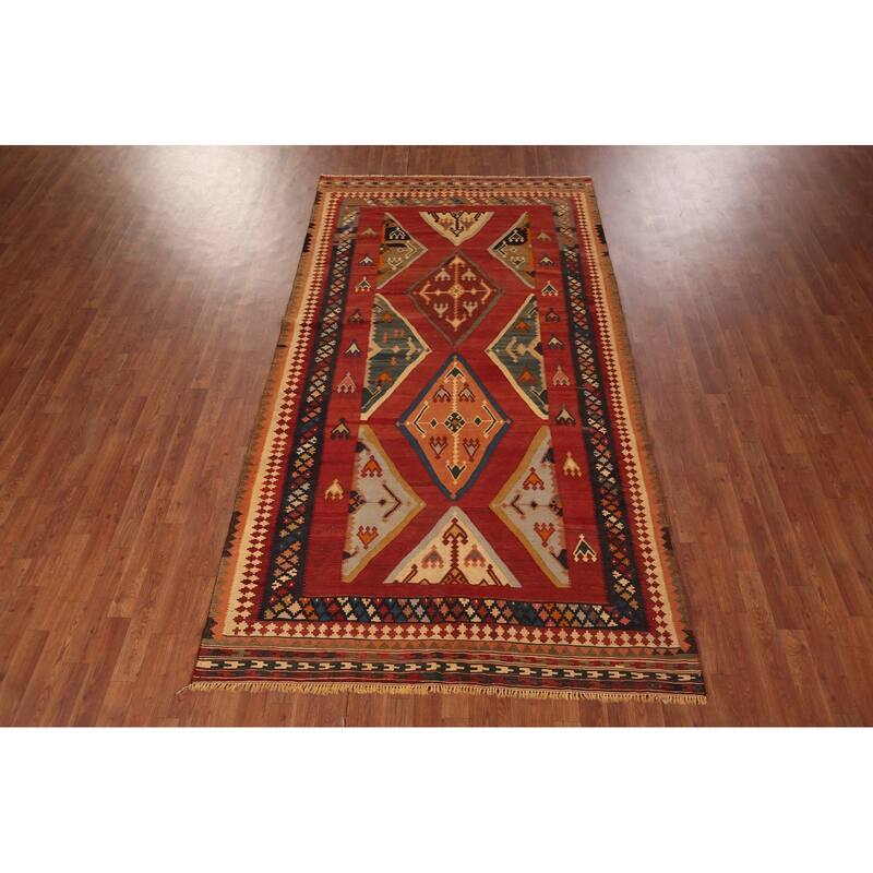 Kilim Qashqai Persian Vegetable Dye Vintage Flatweave Wool Carpet - 5'4" X 9'6"