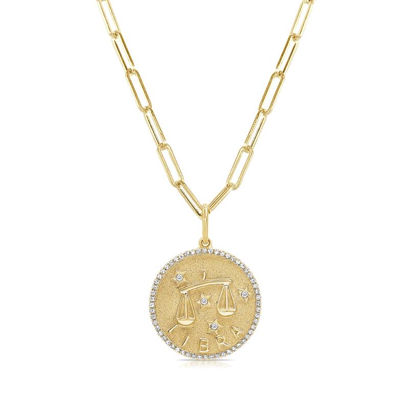 Zodiac Diamond Sign Necklace 14k Gold - Coin Pendant - Yellow Gold Diamond Necklace for Her - Women's Neckace