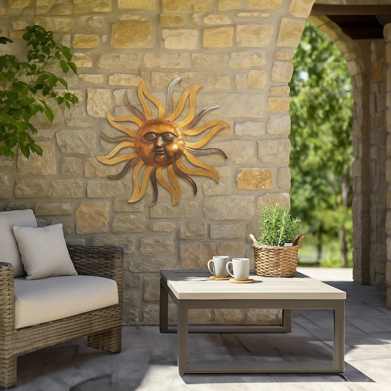 35 Inch Round Wall Mounted Sun Face Accent Decor, Carved Rustic Gold and Black Metal - Bronze