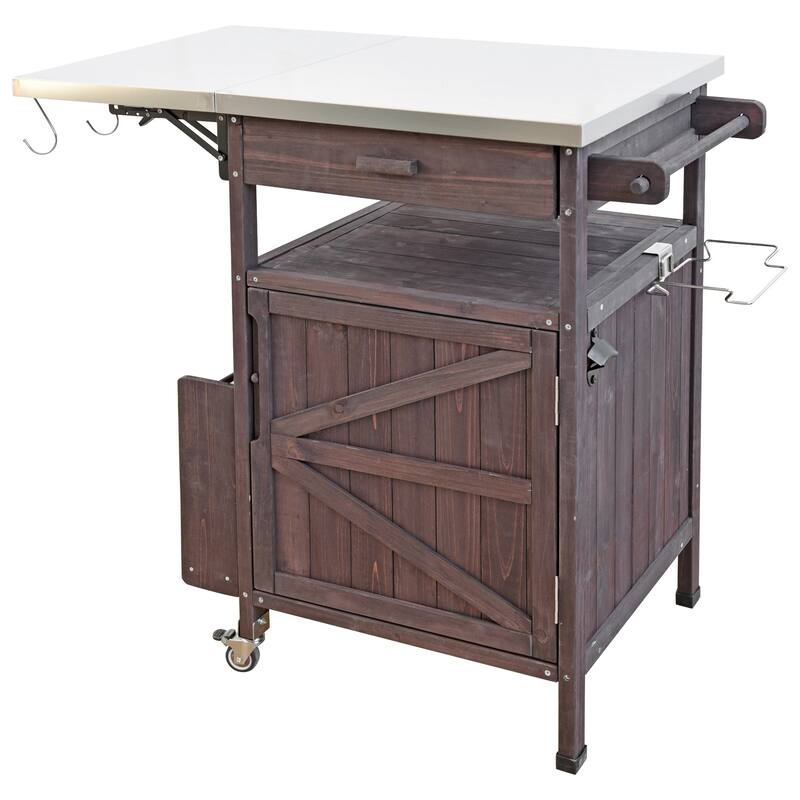 40.5" Outdoor Grill Cart with Stainless Steel Top, Drop Leaf, One Drawer, Towel Rack, Rolling Kitchen Cart with Lockable Wheels
