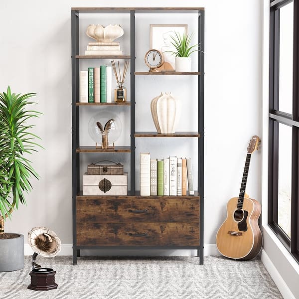 67Inch Tall Etagere Bookcase Bookshelf with 2 Drawers and Open Storage