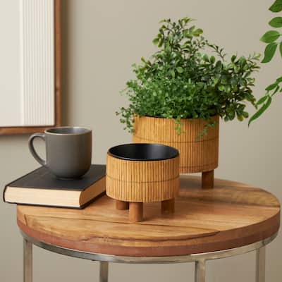 Brown Bamboo Handmade Planter with Black Metal Interior (Set of 2)