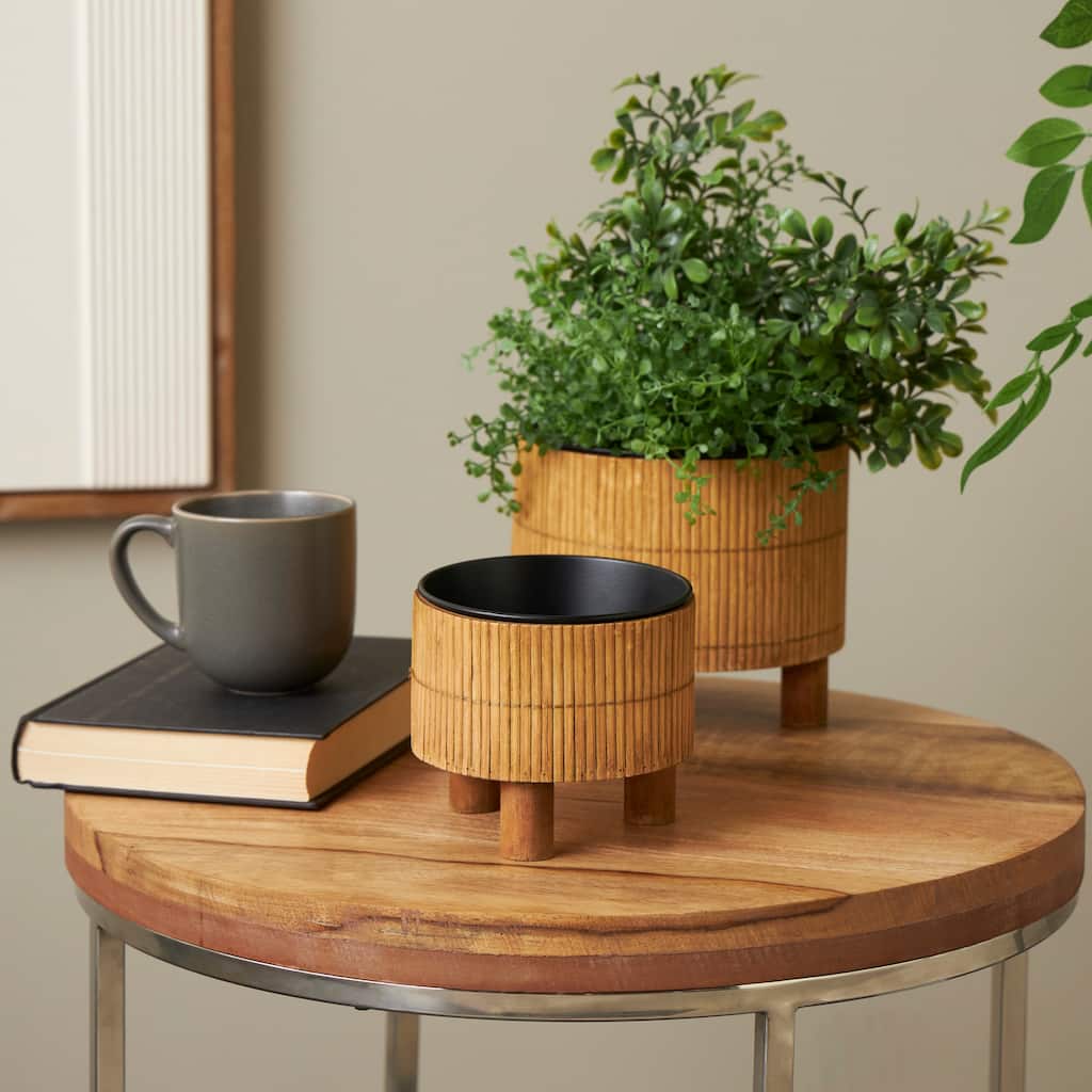 Brown Bamboo Handmade Planter with Black Metal Interior (Set of 2)