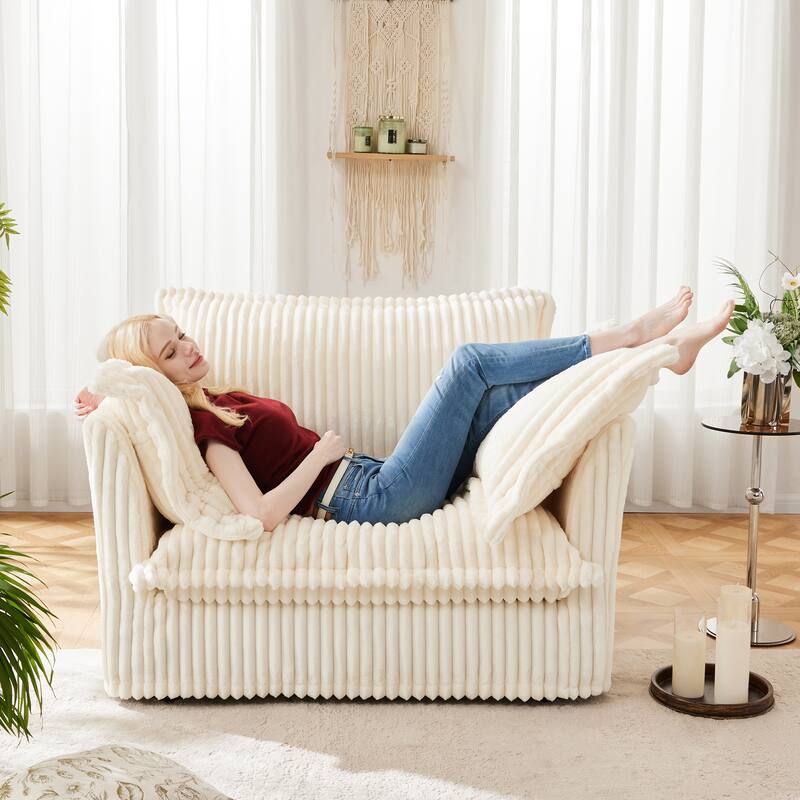 Corduroy Upholstered Armchair with Washable Covers, Deep Seat Single Couch Chair with Large Pillows, Small Space Reading Chair - Cream